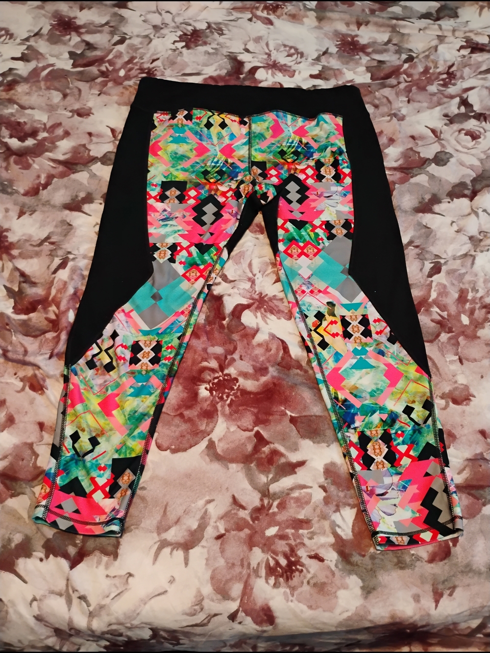 Pink Lotus Black Leggings with Bright Multicolor Geometric Panels Size 2x